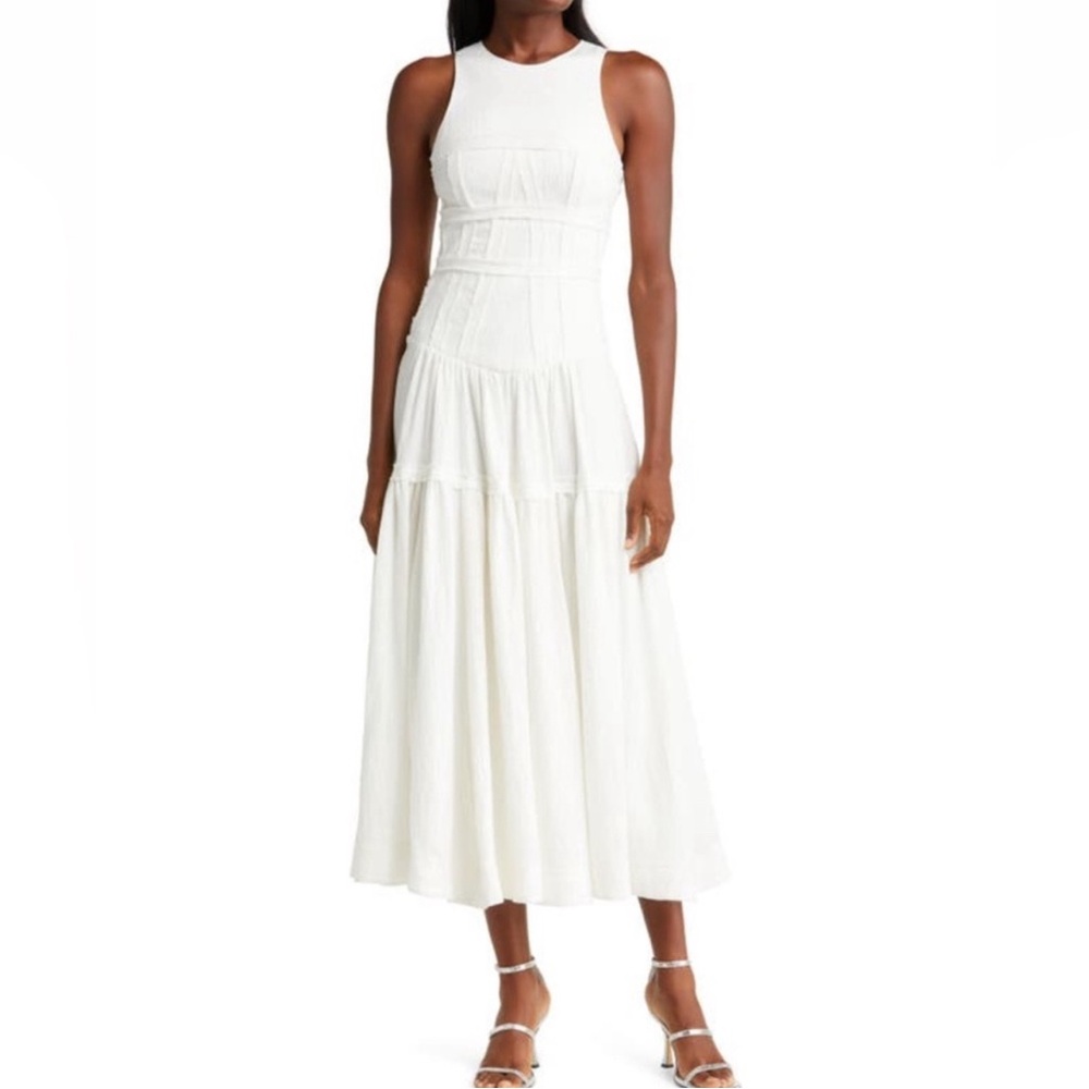 AJE Tidal Corset Linen-Blend Midi Dress
